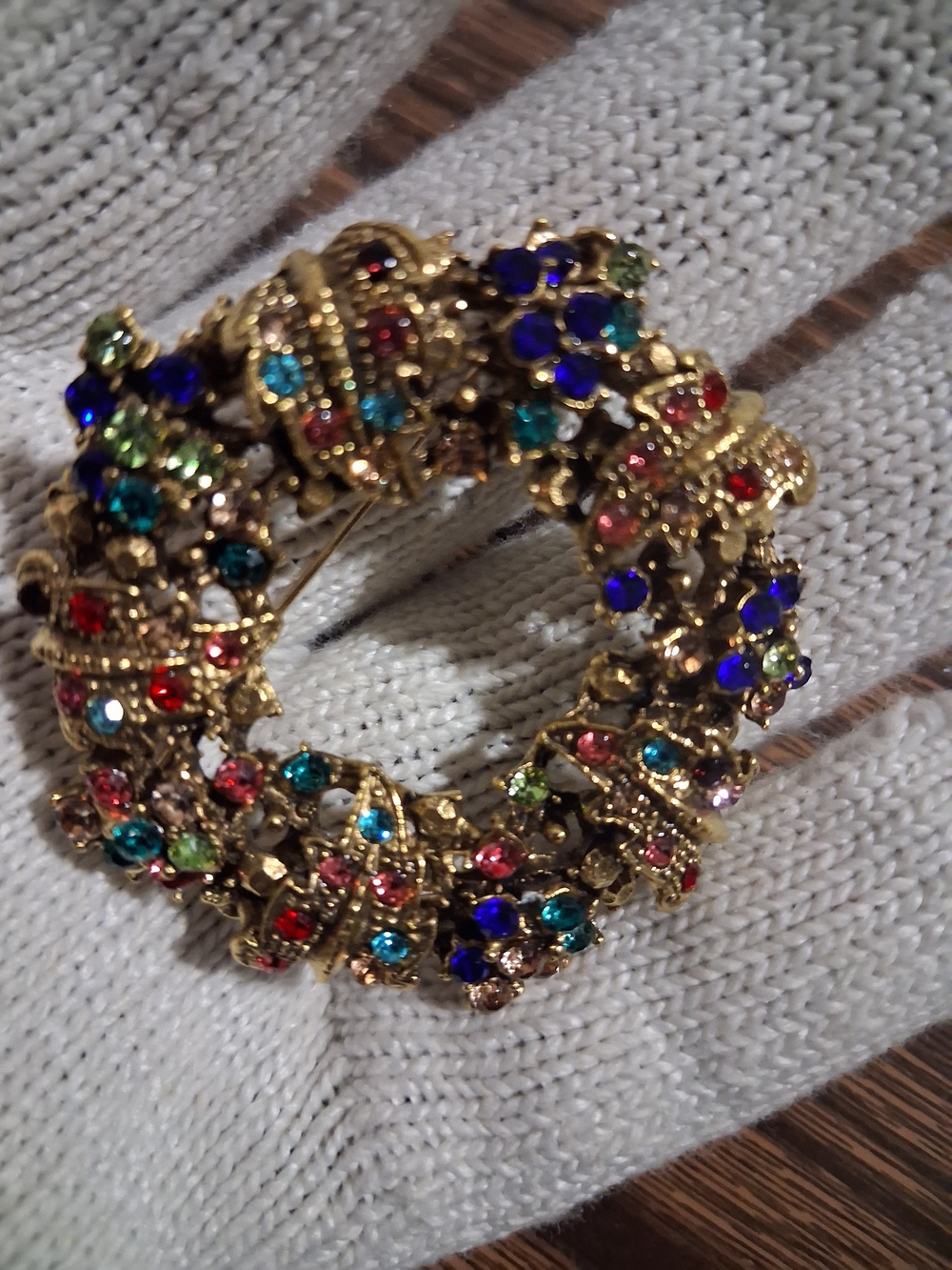Gold-Tone Multi-Color Crystal Wreath Brooch